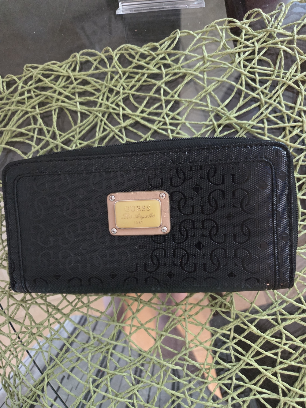 GUESS Black Logo Zip Around Wallet with Gold Plate Very Good